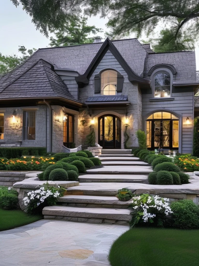 A wide-angle view of an elegant front yard showcasing a curved stone path flanked by mature green shrubs, vibrant purple and white hydrangeas, and neatly mulched garden beds. The light grey house with white trim stands in the background under soft, natural sunlight, creating a welcoming and sophisticated exterior.