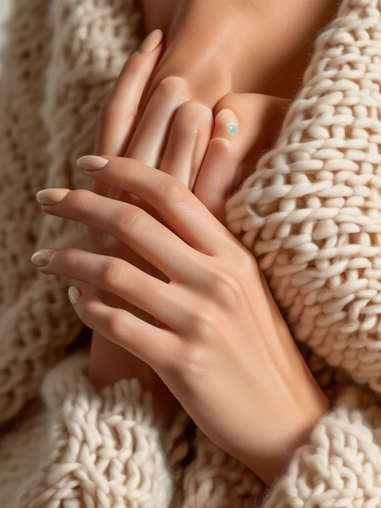 A real woman's hand displaying short, perfectly shaped almond nails with a flawless, high-gloss sheer nude manicure. The hand is resting on a soft, light-colored cashmere throw, exuding an elegant and understated luxury.