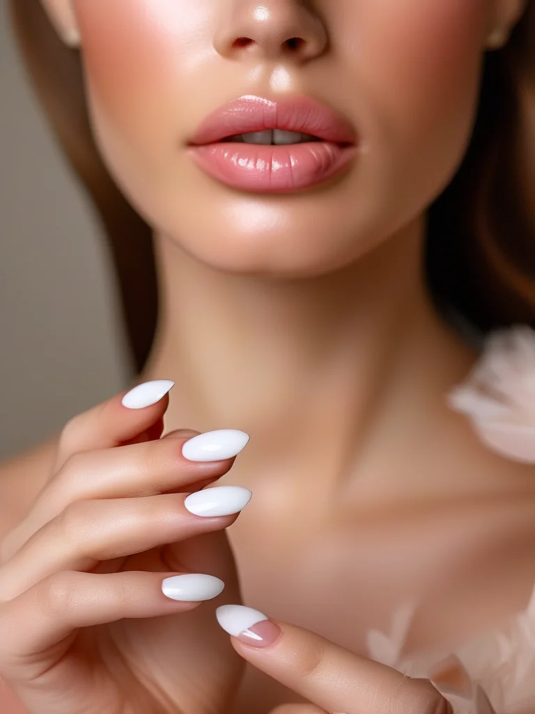 25+ Dreamy White Prom Nails Ideas to Shine on Your Big Night 2 Elegant almond-shaped nails featuring a modern, ultra-fine white micro-French tip over a sheer pink base, finished with a high-gloss topcoat. The pristine white tips provide a sophisticated and minimalist look.