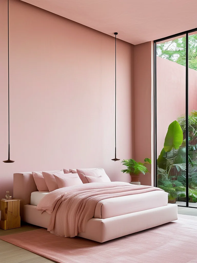 A tranquil minimalist bedroom with a light pink bed dressed in soft linen, pale pink walls, and abundant natural light from a large window.