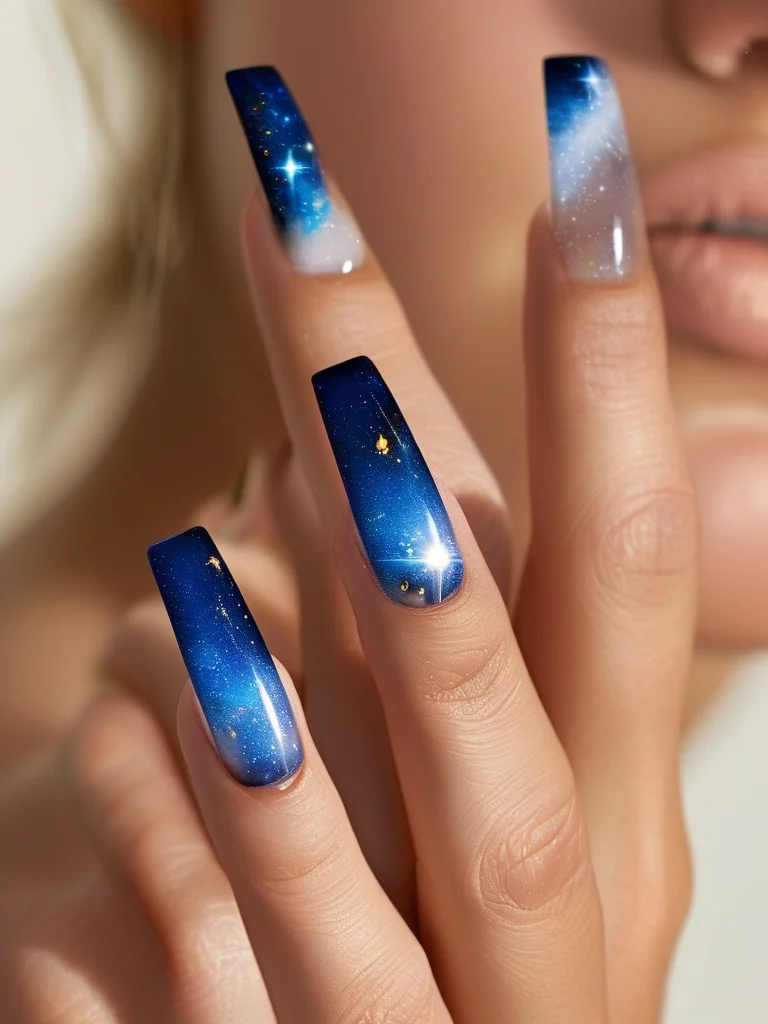 Coffin-shaped nails showcase a stunning ombré from dark indigo to silver glitter tips, adorned with small white starbursts and speckles that evoke a sparkling galaxy. The nails have a high-gloss finish.