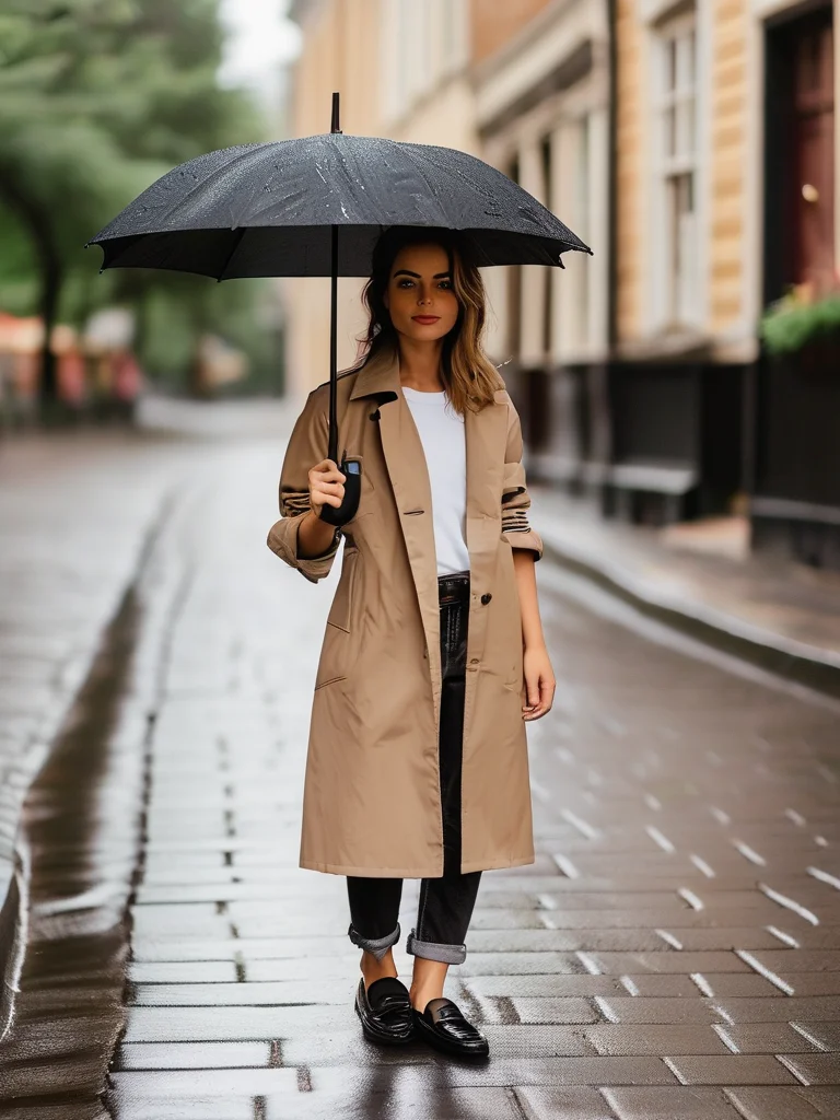 A woman showcases a timeless summer rainy day outfit with a beige trench coat, white tee, dark jeans, and black loafers, holding a black umbrella.