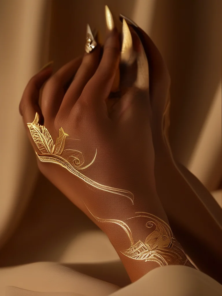 Stiletto nails painted in a rich, glossy espresso brown. One accent nail showcases intricate gold filigree and a tiny gold wagon wheel design, evoking an opulent frontier aesthetic.