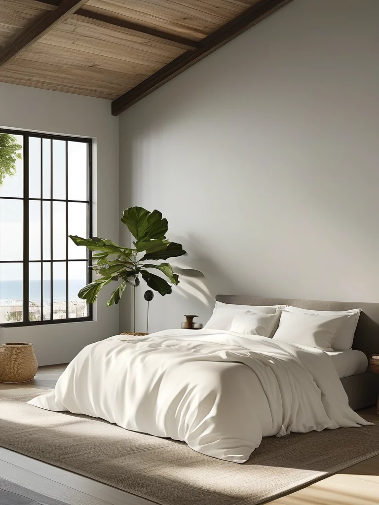7 Dreamy Organic Cotton Bedding Styles for Your Eco-Chic Sanctuary 2 A minimalist master bedroom featuring a queen bed with pristine white organic cotton percale bedding. The room is decorated with light grey walls, a large fiddle-leaf fig plant, natural light wood furniture, and is bathed in soft sunlight, exuding a serene and inviting ambiance.