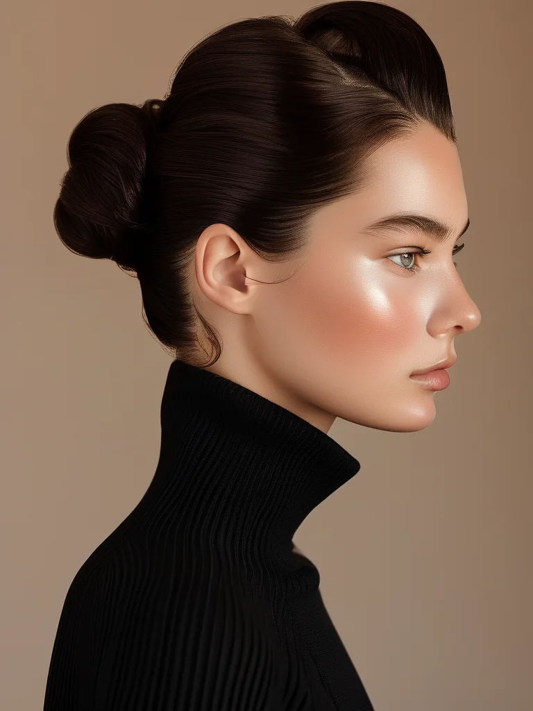 A close-up editorial portrait of a woman with dark brown, glossy hair styled into a perfectly smooth, low bun at the nape of her neck. Her skin has a dewy, natural glow under soft studio lighting, emphasizing the minimalist elegance of the hairstyle.