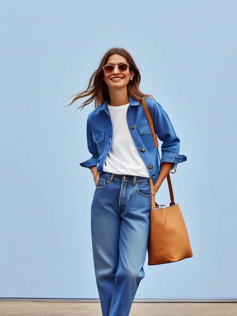 A smiling young woman in a classic blue denim jacket, crisp white t-shirt, and high-waisted straight-leg jeans with white chunky sneakers. She carries a beige canvas tote bag, captured in a bright, full-body street style shot against a clean city backdrop.