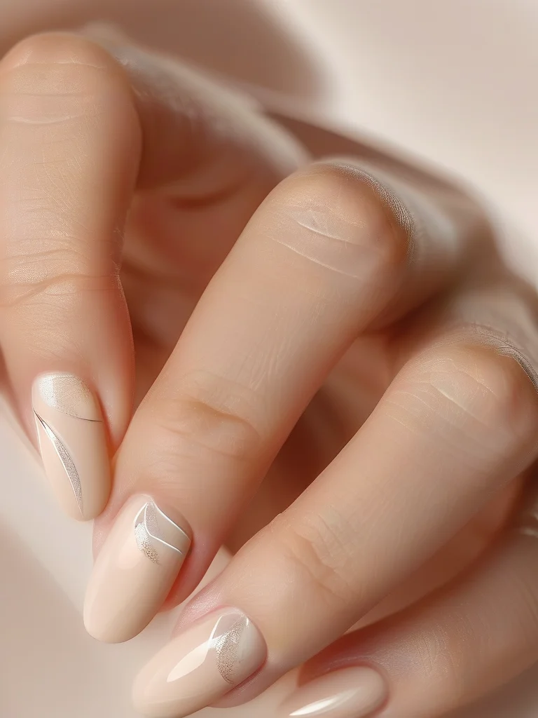 Glossy oval nails with classic white and light grey Carrara marble design and silver shimmer.