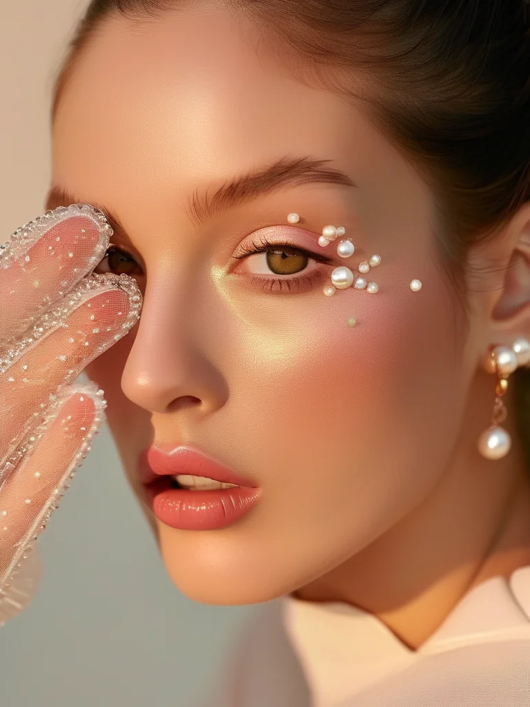 Macro shot of milky white oval nails with delicate iridescent pearl embellishments.