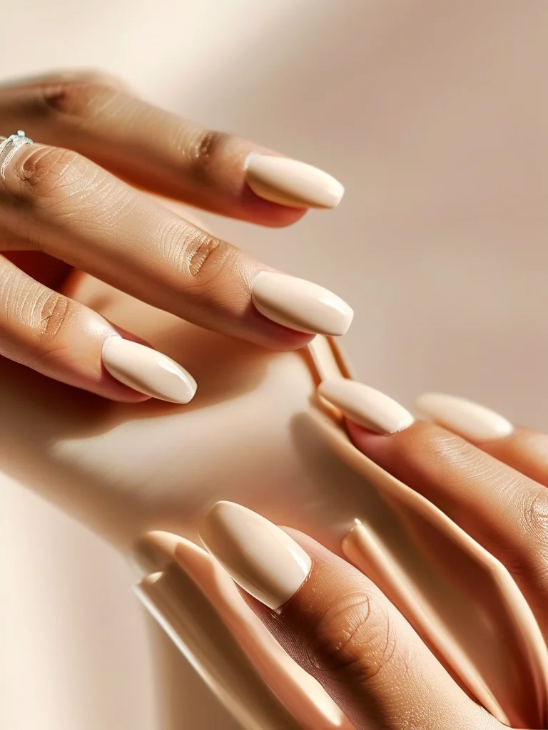 Close-up of short squoval nails with a translucent milky white gel polish, minimalist and chic.
