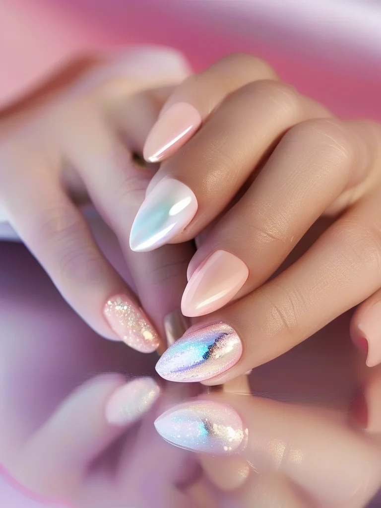 Close-up of soft glazed donut aesthetic almond nails with milky white base and pearlescent chrome