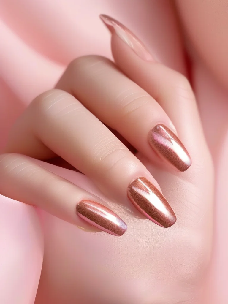 Almond nails with baby pink to rose gold chrome ombre