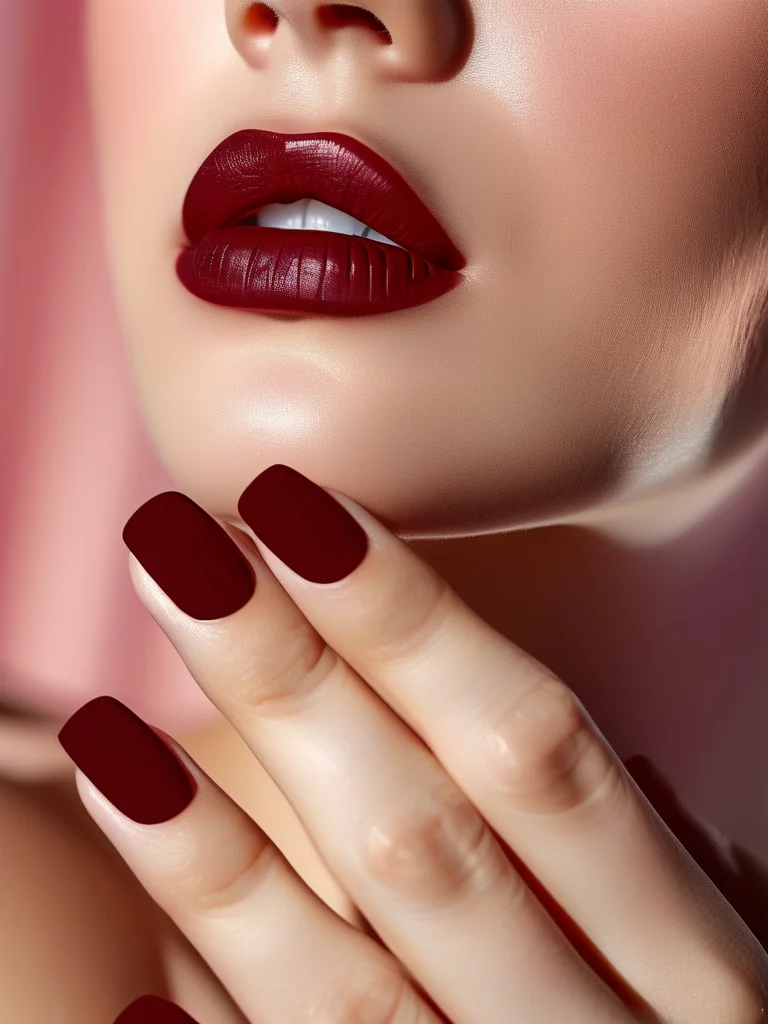 Deep matte merlot red short square nails, sophisticated finish.