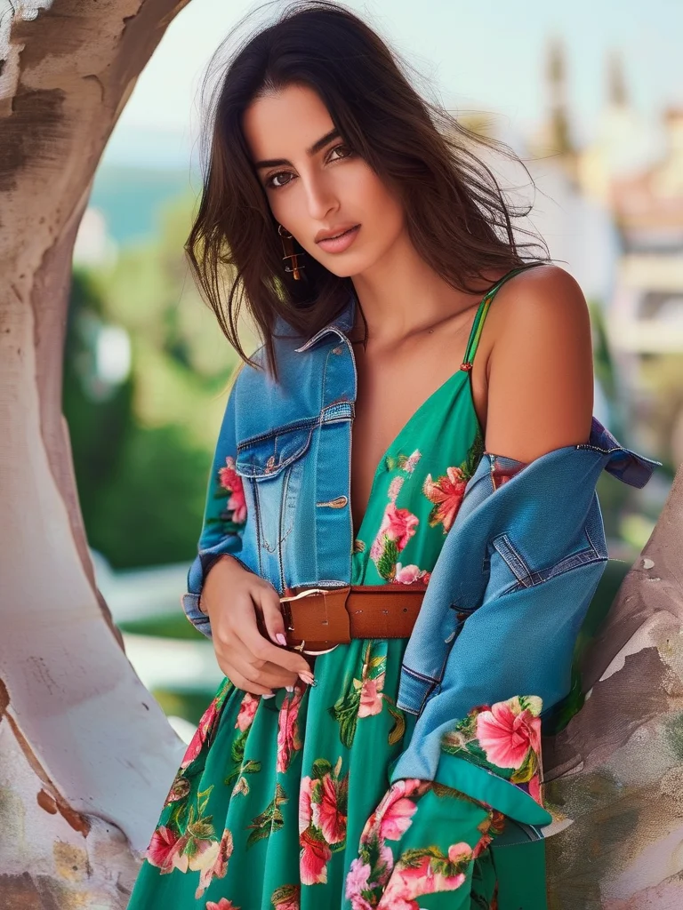 Woman in denim jacket and floral midi dress with white sneakers, ideal for San Francisco sightseeing