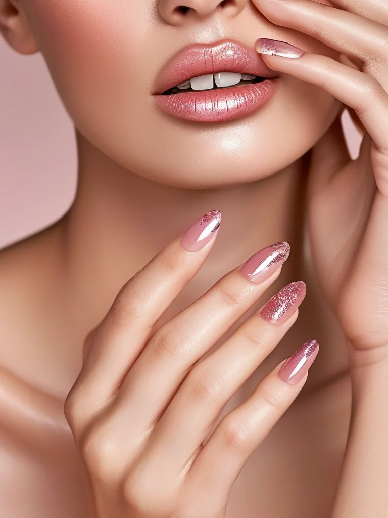 Sheer pink-to-nude ombre nails with delicate iridescent nuance glitter.