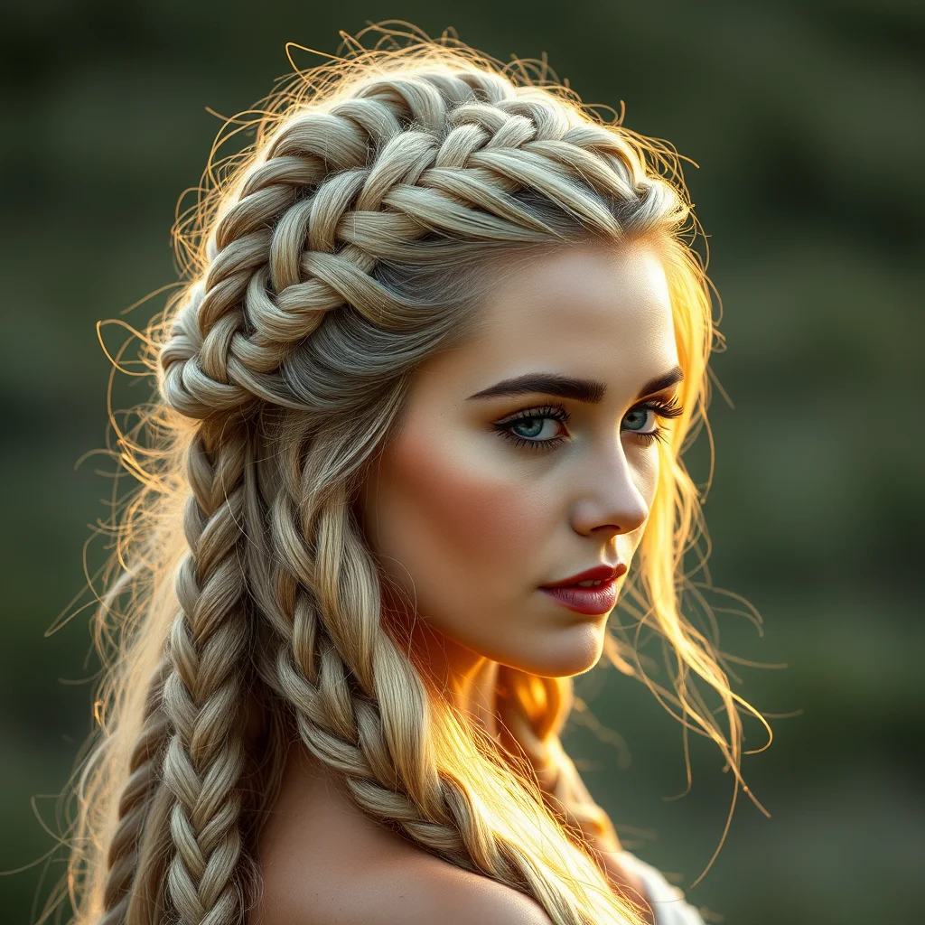 Woman with a beautiful braided crown updo, an elegant hairstyle with a regal touch.