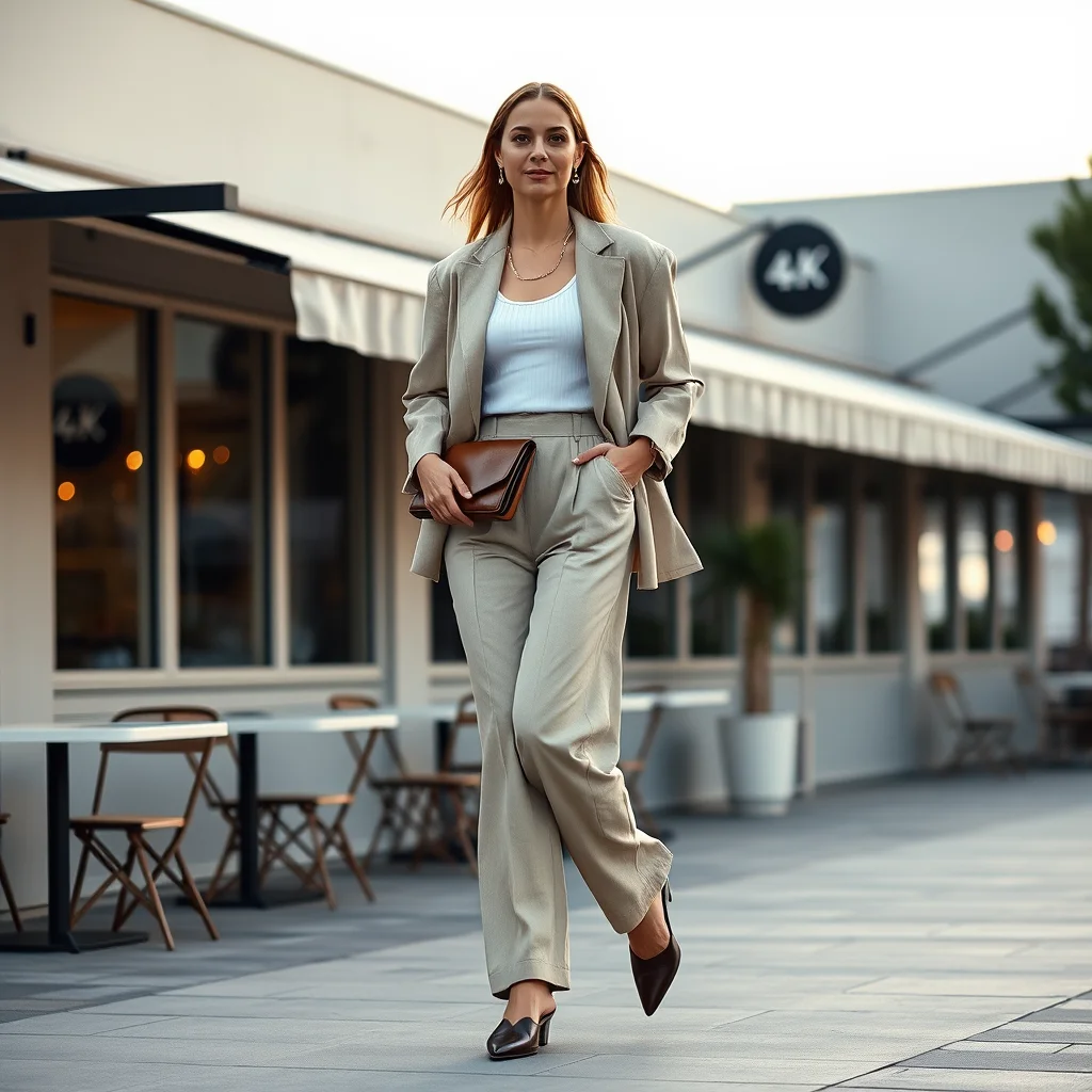 Woman in beige linen tailored suit with white tank top for a spring bar outfit