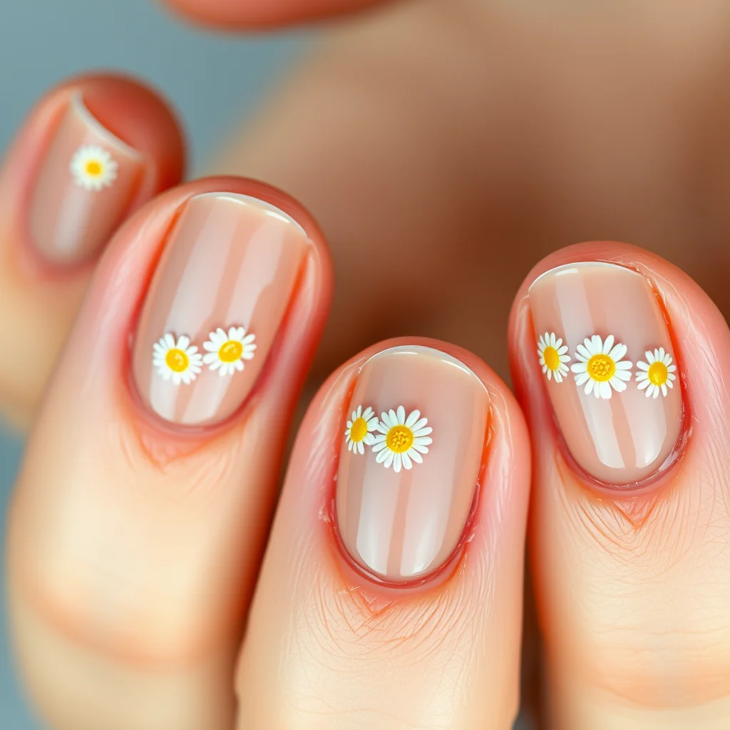Oval nails with sheer nude base and delicate hand-painted white and yellow daisy nail art.