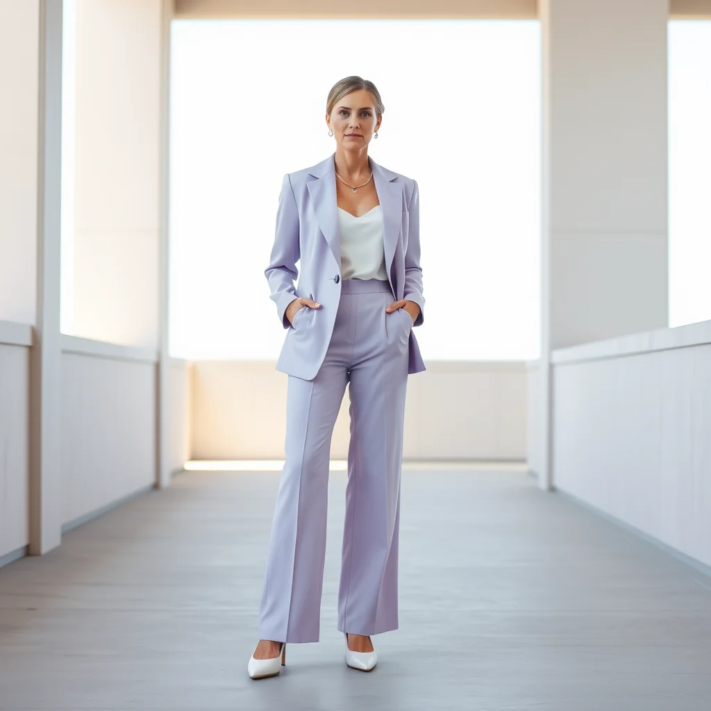 Woman in a tailored lavender pantsuit, sophisticated Easter look