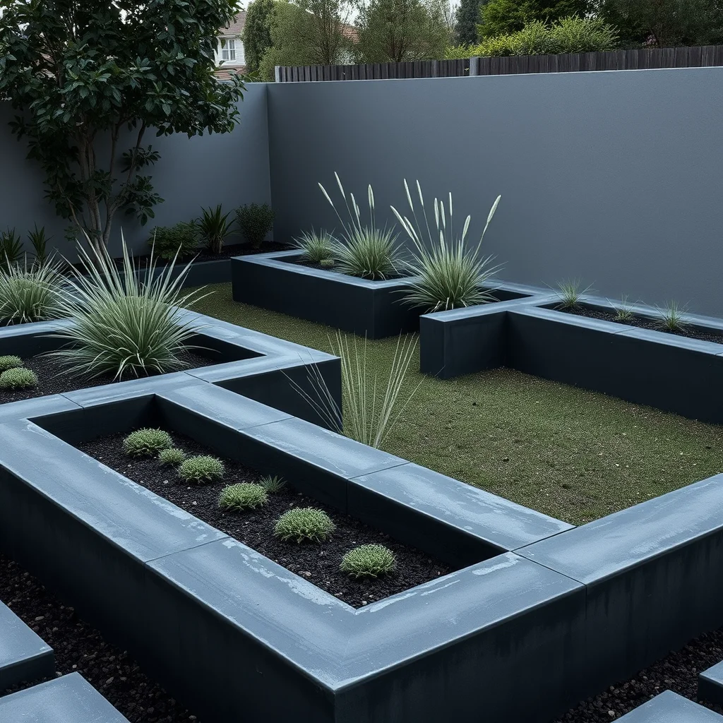 A modern, minimalist backyard garden showcasing geometric concrete block beds filled with architectural plants, highlighted by soft, shadow-casting ambient light.