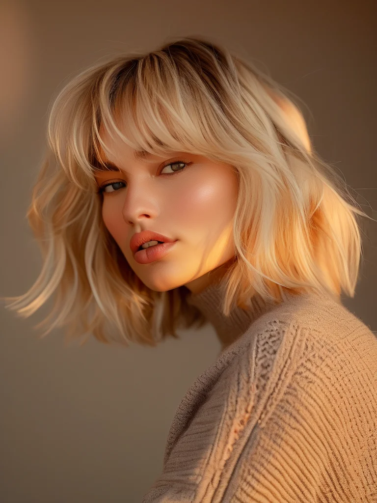 A light blonde shaggy bob styled with soft, tousled waves is showcased in a golden hour glow, highlighting its volume and blended layers.