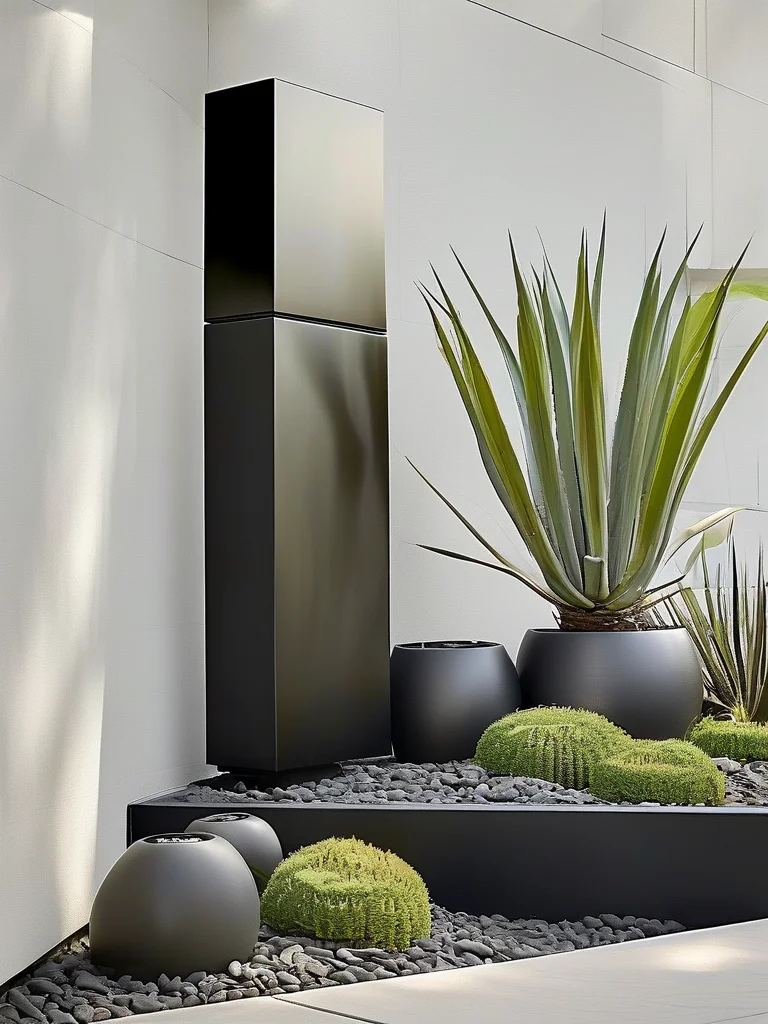 A modern mailbox garden featuring a black mailbox on a stainless steel post, surrounded by river stones, a sculptural Yucca plant, and minimalist ceramic planters with succulents, all under bright lighting.