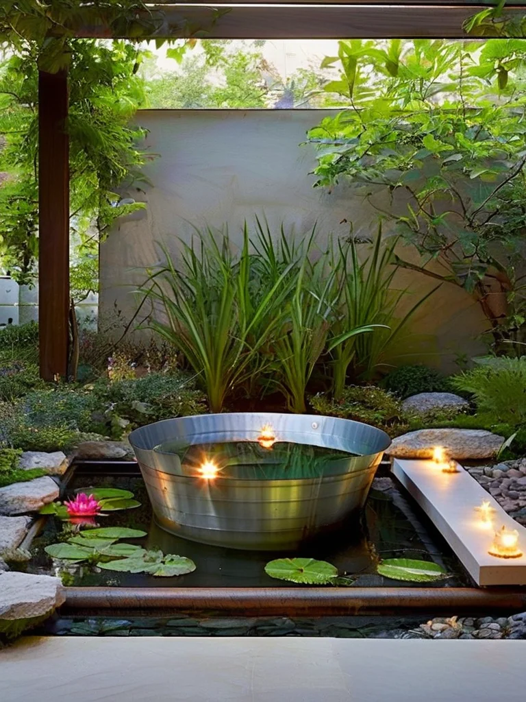 A rustic galvanized tub elegantly converted into a DIY pond, nestled within a blooming garden with aquatic plants and natural stone accents.