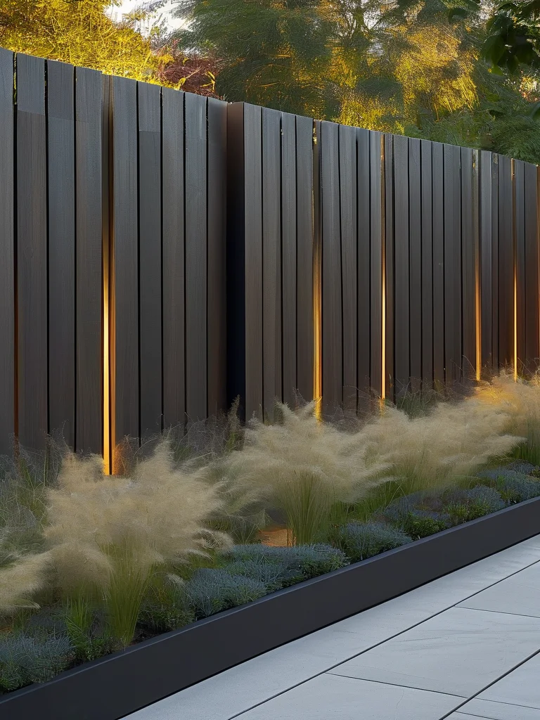 A stylish garden fence crafted from dark stained cedar wood with subtle wire mesh inserts, encircling a meticulously landscaped area of ornamental grasses and flowers.