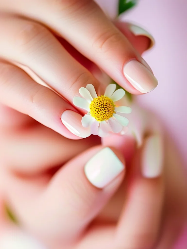 Macro view of a sheer nude nail with a tiny, detailed white daisy accent near the cuticle.