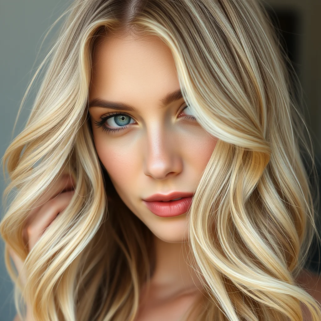 A close-up portrait of a woman with long, wavy golden blonde hair styled in a soft wolf cut. The long, blended layers create subtle volume and a feathery texture, showcasing natural movement under soft natural lighting.