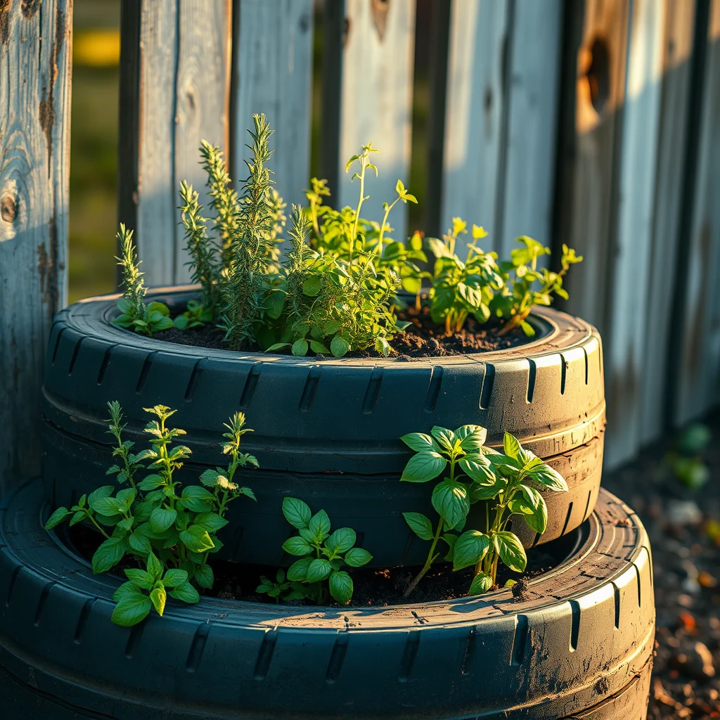A rustic tiered garden bed made from unpainted black tires, brimming with aromatic herbs, set against a wooden fence with warm sunlight.