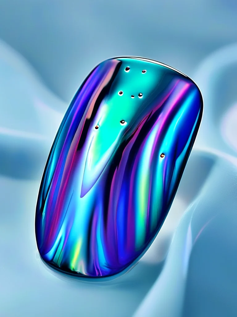 Coffin nails showcasing a mesmerizing iridescent chrome finish, transitioning through blue, green, and purple hues. Accent nails feature a subtle raised scale texture.