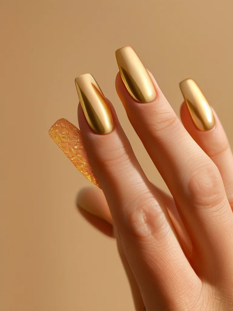 15+ Chic Back to School Nail Art Ideas for a Stylish Return 3 Close-up of long, glossy almond nails coated in a warm, translucent amber-gold jelly polish with iridescent gold glitter, evoking a soft, glowing sunset aesthetic.