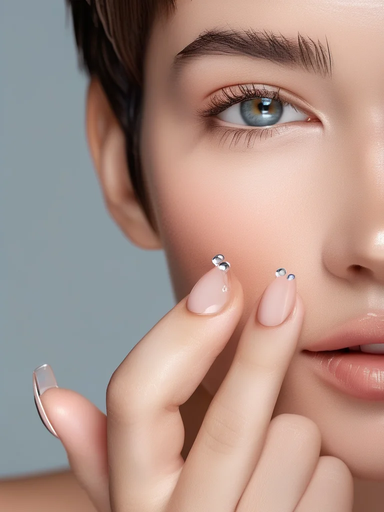 25+ Enchanting Korean Nail Art Ideas to Elevate Your Manicure Game 3 Short, rounded square nails showcase a unique 'dew drop' effect created with small, clear raised gel droplets applied to accent nails. The nails have a natural, glossy finish.