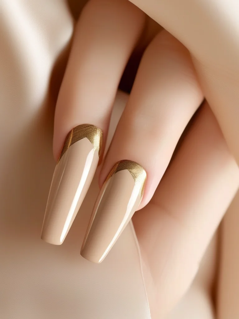 Short, matte nude square nails featuring a single, delicate gold horizontal line on the ring finger accent nail, exuding minimalist sophistication.