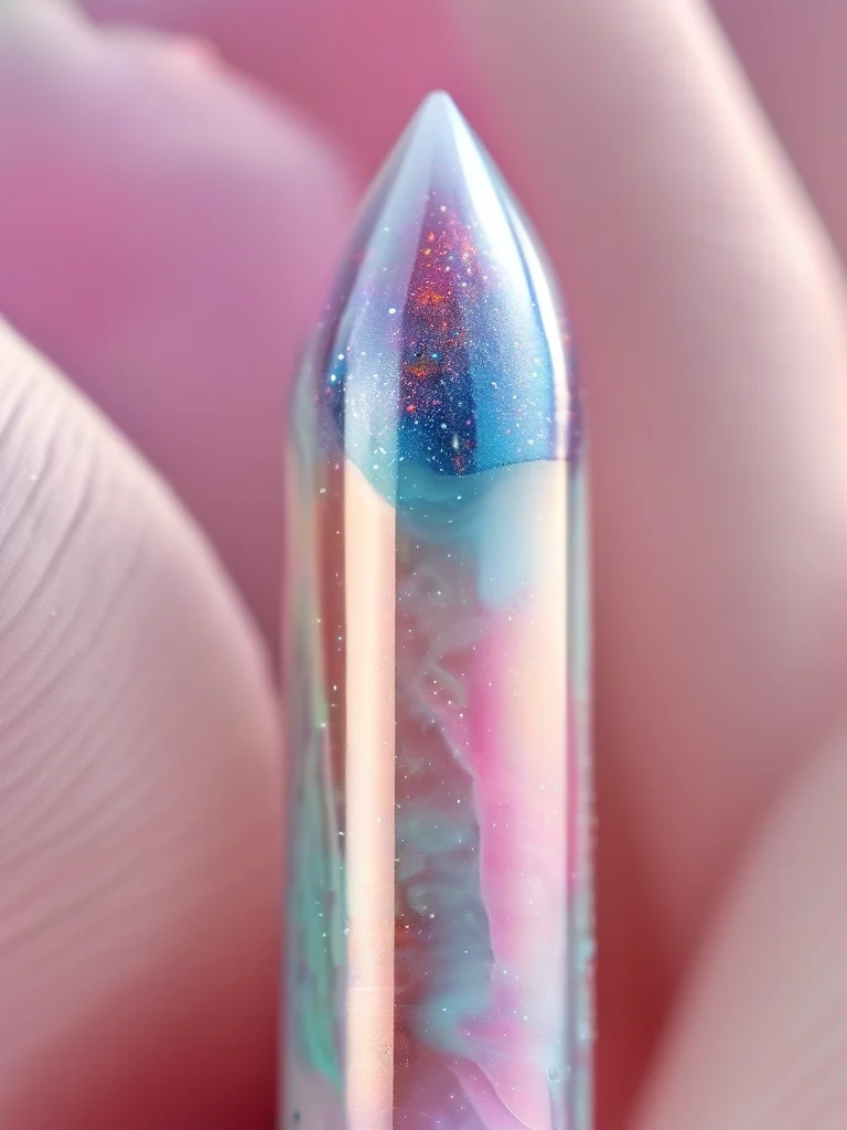 A woman's coffin nails coated in a semi-sheer milky white polish with an iridescent chrome 'diamond dust' glazed finish, shimmering with subtle rainbow reflections. The effect is delicate, ethereal, and intensely luxurious.
