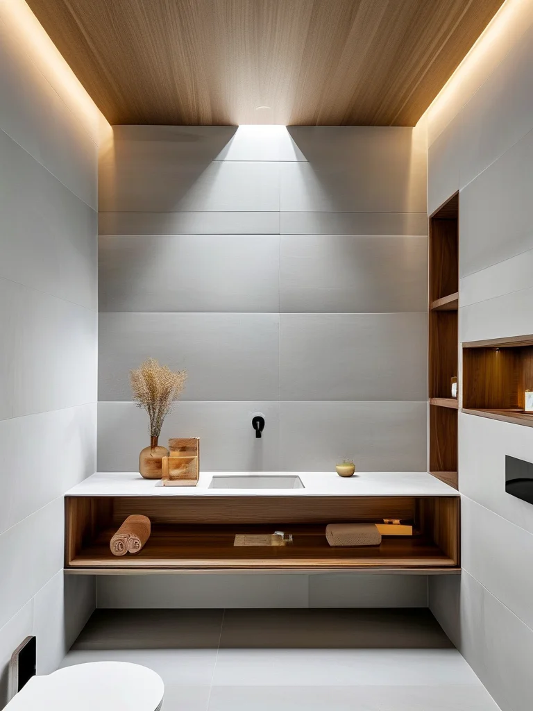 A modern small bathroom efficiently utilizing space with a built-in recessed niche shelf within a light grey tiled shower, holding neatly arranged toiletries. A contemporary floating wooden vanity with sleek integrated drawers and a thin white countertop complements the design, all illuminated by soft, indirect LED lighting creating a warm ambiance.