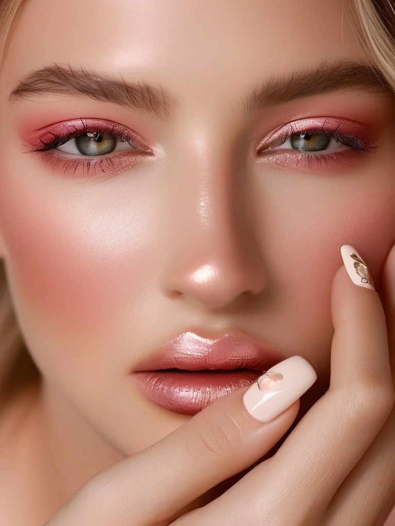 Shiny rose gold chrome coffin nails with white floral 3D art.