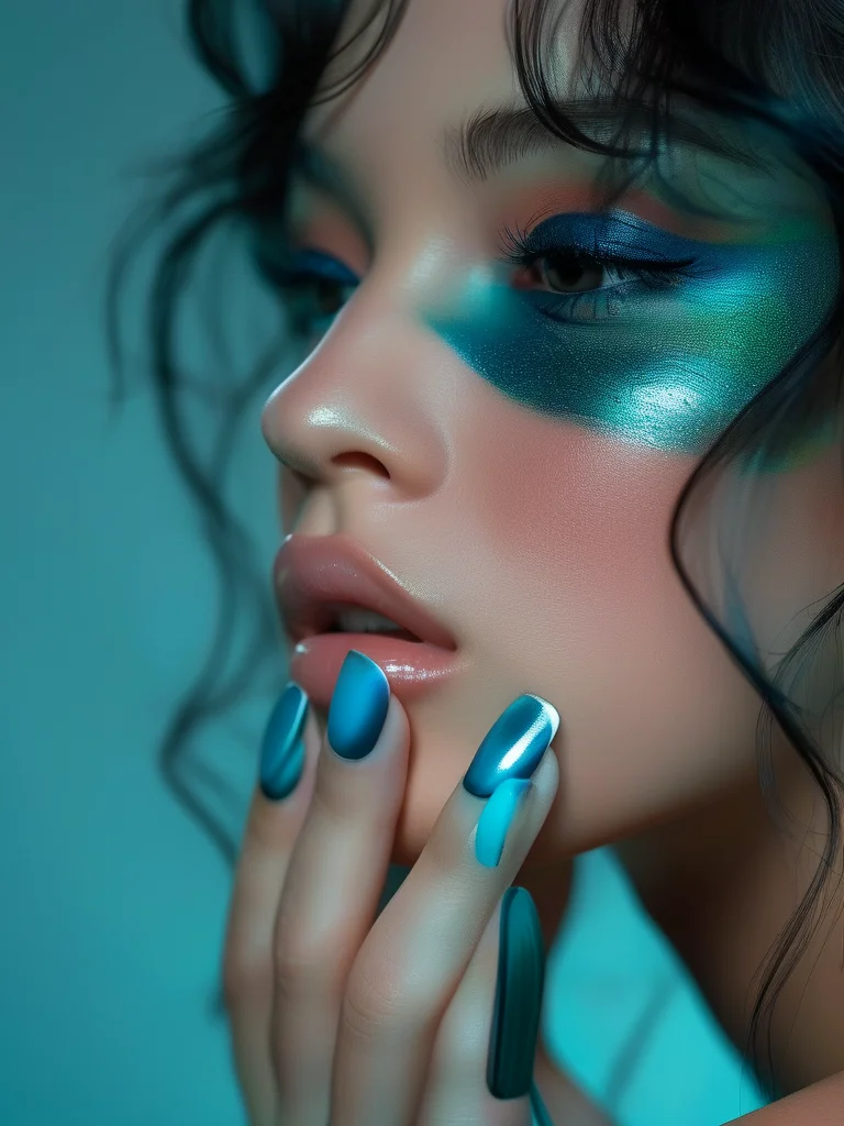 A macro close-up showcasing a woman's gracefully almond-shaped nails with a stunning glossy ombré effect, transitioning from deep sapphire blue to vibrant turquoise. Delicate, freehand white wave patterns are meticulously painted over the tips, evoking dynamic ocean movement.