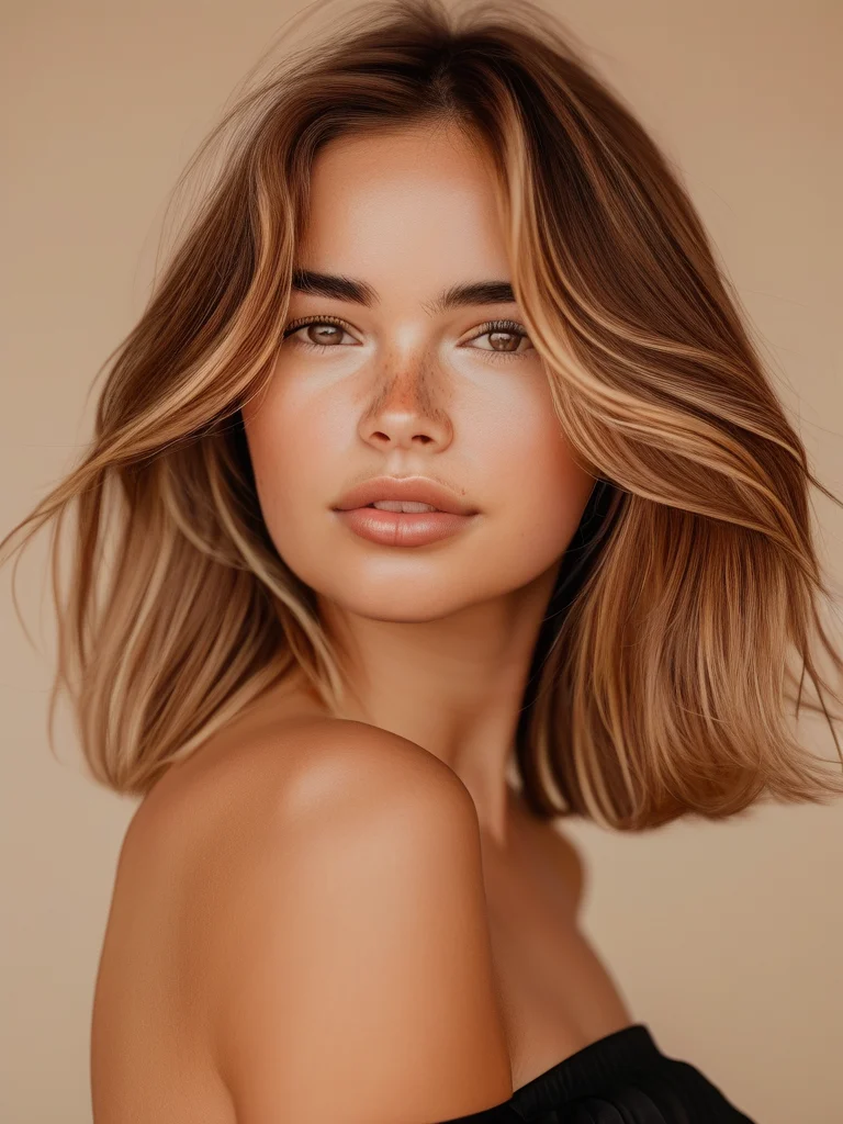 21 Irresistible Chocolate Brown Hair Colors & Styles for a Rich Look 3 A woman with medium-length hair showcasing creamy milk chocolate brown balayage, featuring lighter ribbons woven into a rich chocolate base, styled in soft, lived-in waves under golden hour lighting.