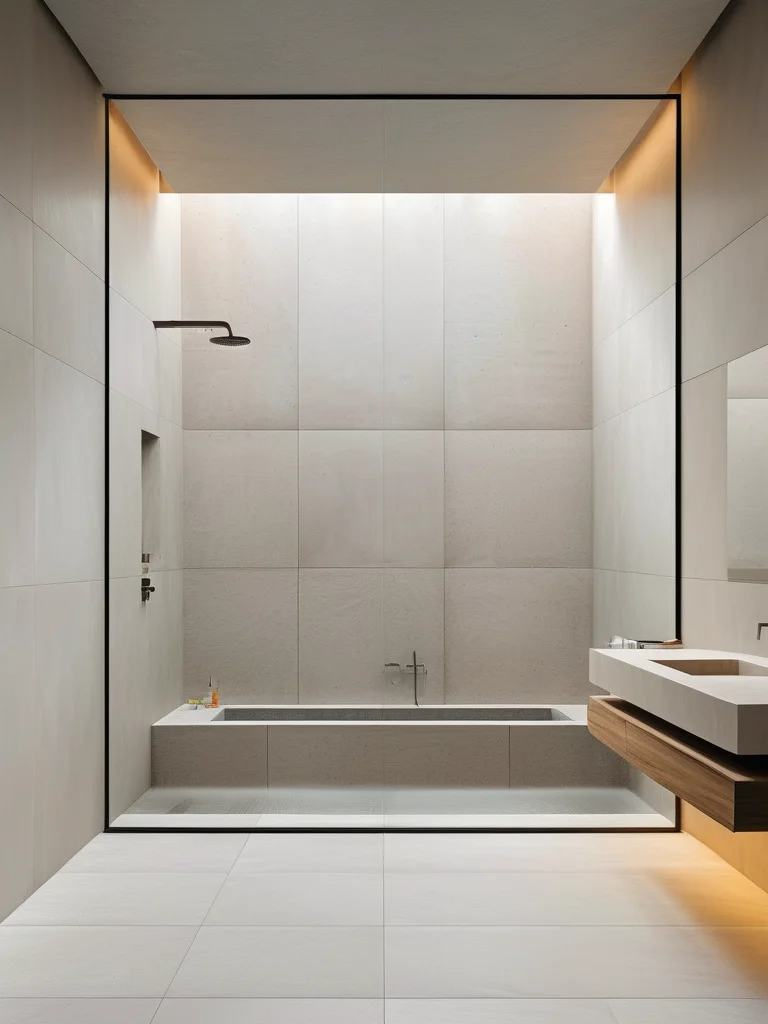 15+ Genius Drainage Ideas to Transform Your Home & Garden 3 A modern, minimalist wet room bathroom with large concrete-look tiles and a seamless frameless glass shower. A slender linear channel drain is subtly integrated along the wall where the shower floor meets the wall, ensuring efficient water removal. The room is softly lit by diffused natural light, highlighting the clean lines and floating wooden vanity.