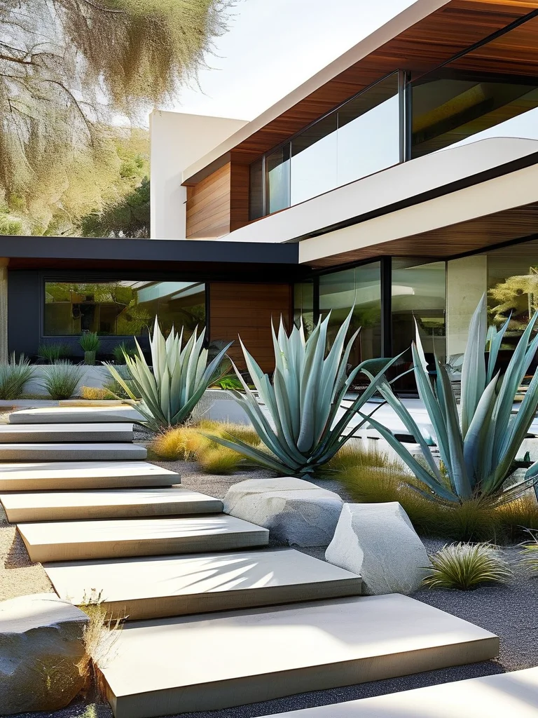 A modern, minimalist front yard featuring a geometric layout with large, light grey concrete pavers set into a bed of pristine white river rocks. Drought-tolerant succulents and tall ornamental grasses create a low-maintenance, clean aesthetic against a contemporary home with dark wood paneling, all brightly lit by midday sun.