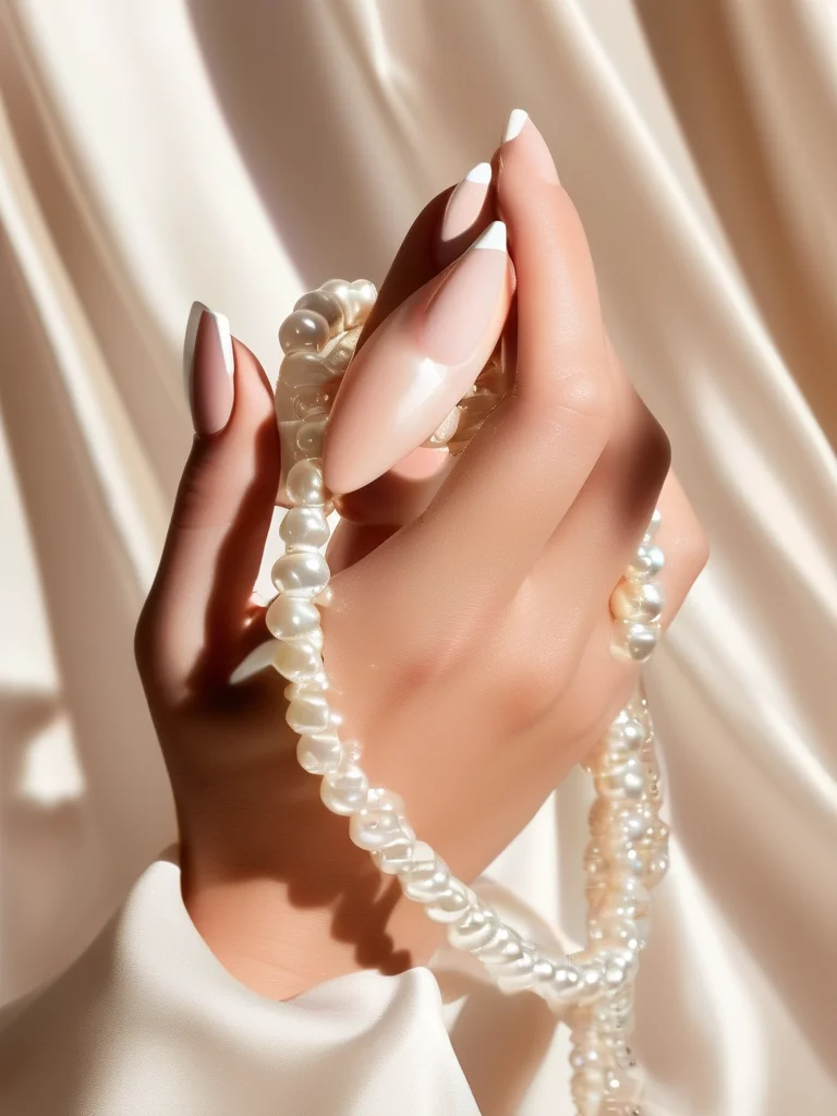 A real woman's hand showcasing square-oval nails with a pristine, glossy, ultra-fine white micro French tip. The fingers are delicately holding a string of pearls, evoking classic sophistication against a soft, blurred silk texture.