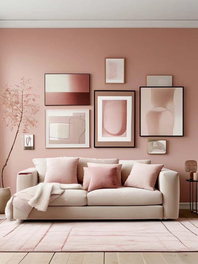A stylish living room featuring a neutral sofa with light pink accent pillows, a velvet armchair in dusty rose, and a patterned rug with pink elements.