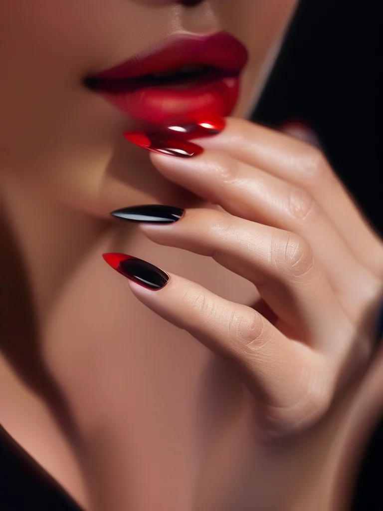 Close-up of long, sharp red and black ombre stiletto baddie nails