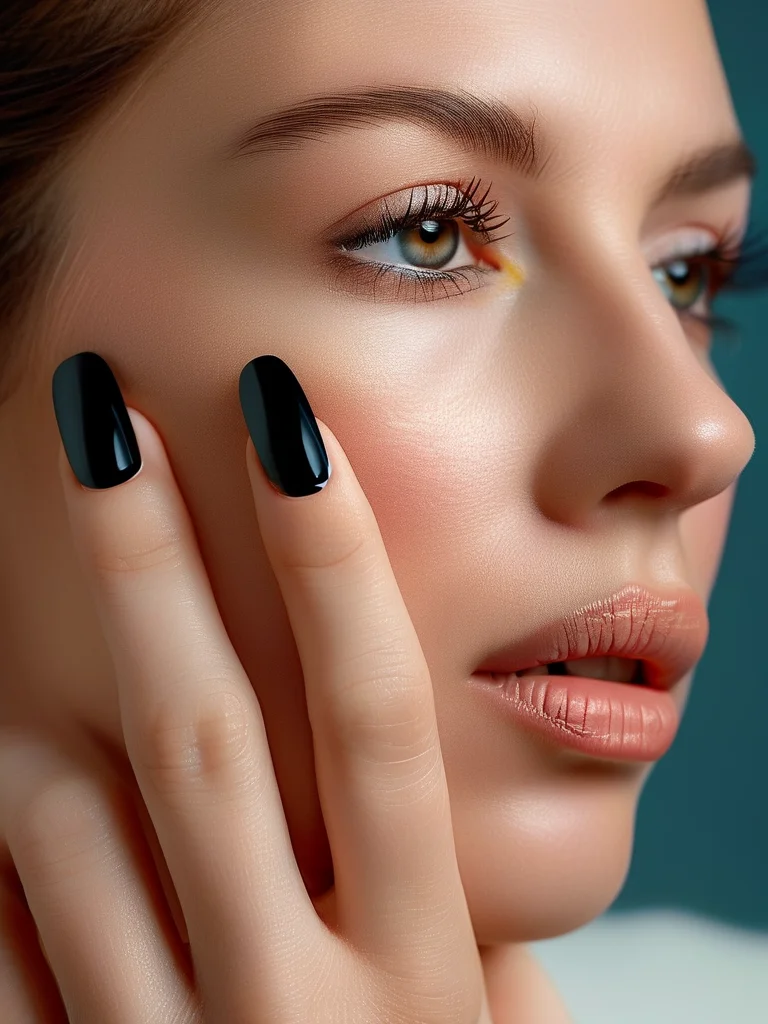 Short square nails are painted in a creamy matte nude. Each nail features a single, minimalist black moon phase design, showcasing the waxing and waning moon across the fingertips.