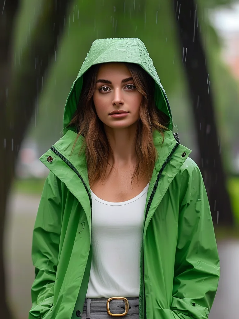 A woman models a bright green waterproof anorak outfit, combining it with grey bike shorts and white sneakers for a casual rainy day look.