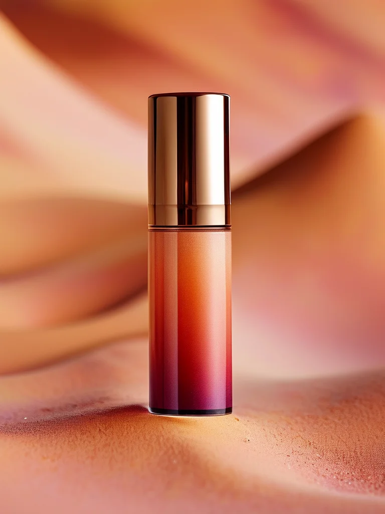 Coffin nails feature a smooth matte ombre blend from warm terracotta orange to dusty rose and deep purple, resembling a serene desert sunset with subtle glitter accents.