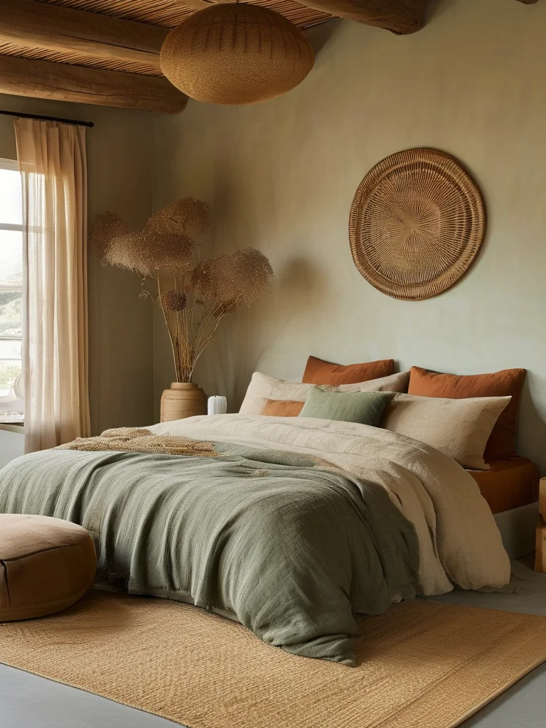 7 Dreamy Organic Cotton Bedding Styles for Your Eco-Chic Sanctuary 3 A cozy, bohemian-inspired master bedroom with a king-sized bed featuring layered organic cotton bedding in earthy tones of terracotta, sage green, and sand. The room is enhanced by a natural jute rug, a large macrame wall hanging, warm wooden furniture, and soft, diffused lamplight, creating an inviting, grounded atmosphere.