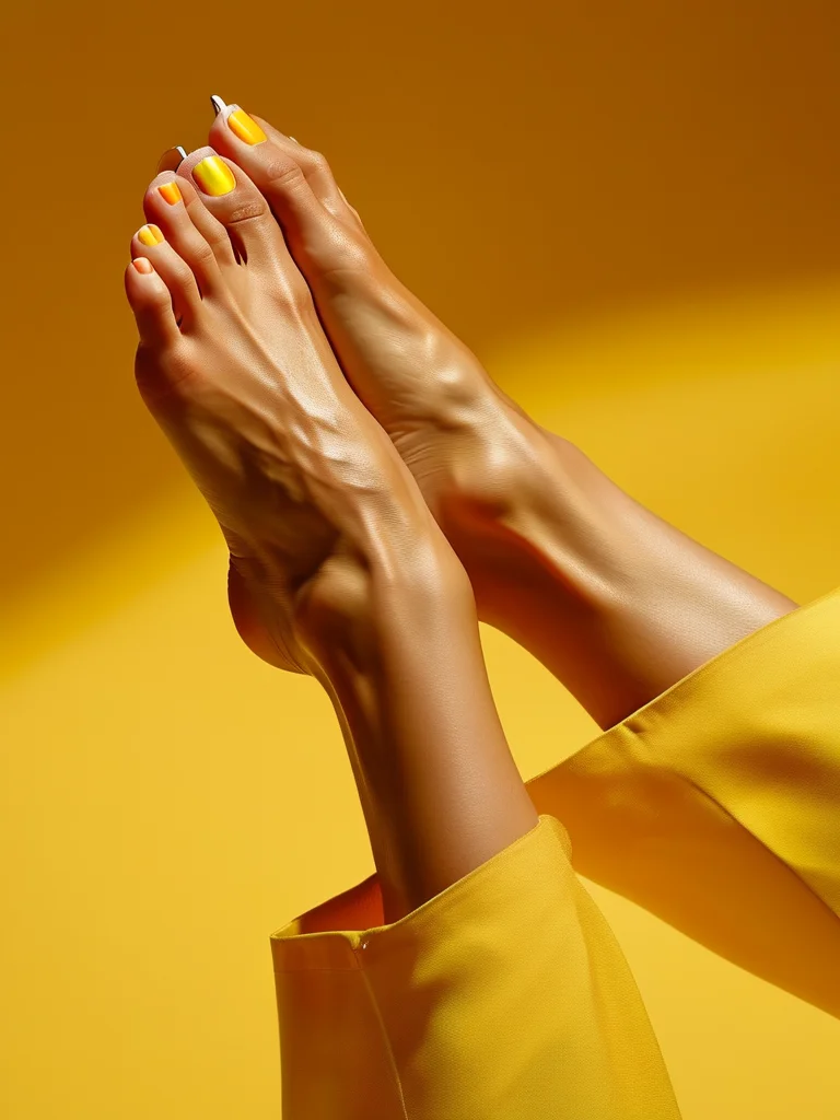 25+ Dazzling Summer Toe Nail Designs for Your Perfect Pedicure 3 Close-up of vibrant, glossy, short oval-shaped toenails painted in alternating neon orange, lemon yellow, and lime green. The big toe nail has a meticulously hand-painted white citrus slice with tiny seeds, radiating a fun, summery vibe.
