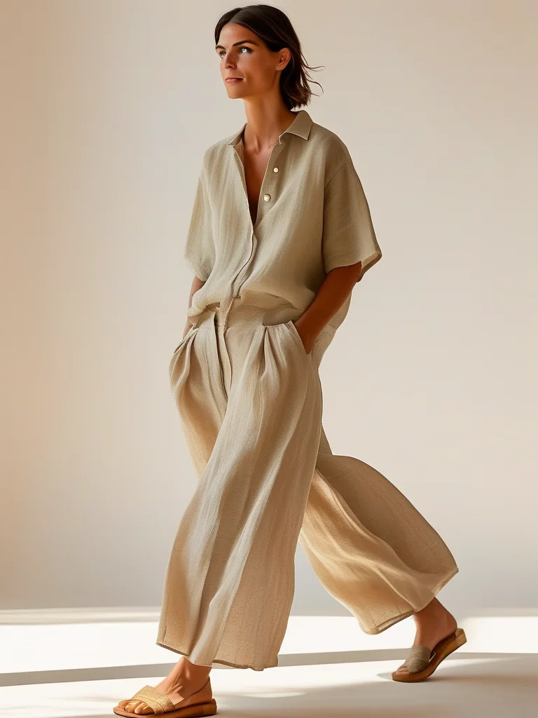 A woman walks confidently in a loose light olive green linen button-up shirt and high-waisted cream linen wide-leg pants, paired with neutral flat sandals and a woven straw tote bag. The full-body editorial shot is set against a clean beach promenade under soft morning light.